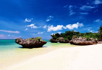 Japan, Okinawa islands, beach, rocks in the water