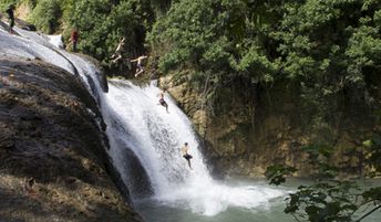 Vanuatu, Maewo island, jump from waterfall