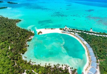 Maldives, Laamu Atoll, Rahaa Resort, aerial view
