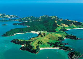 New Zealand, Bay of Islands, aerial view to Urupukapuka island